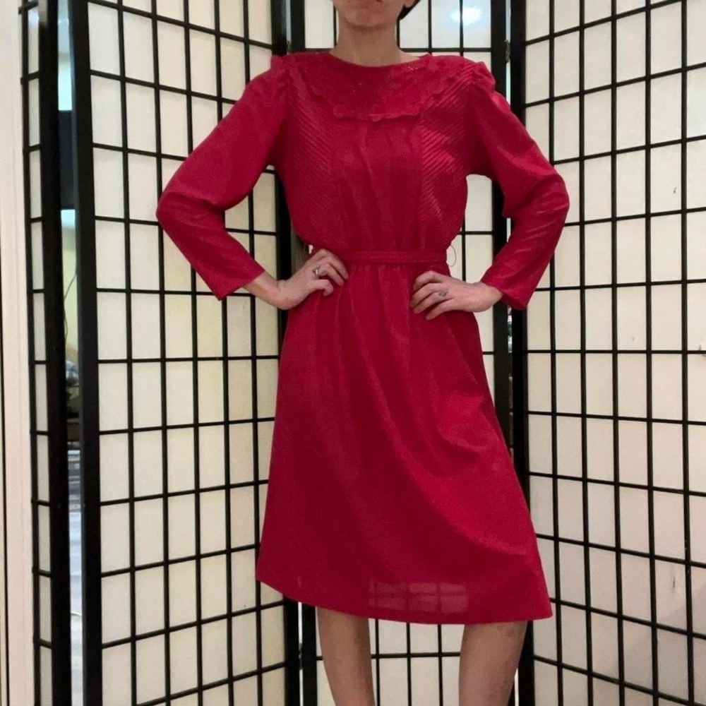 80s Cathy Sue Red Long Sleeve A-Line Dress with Embroidered Lace Collar Belt‎ Sm